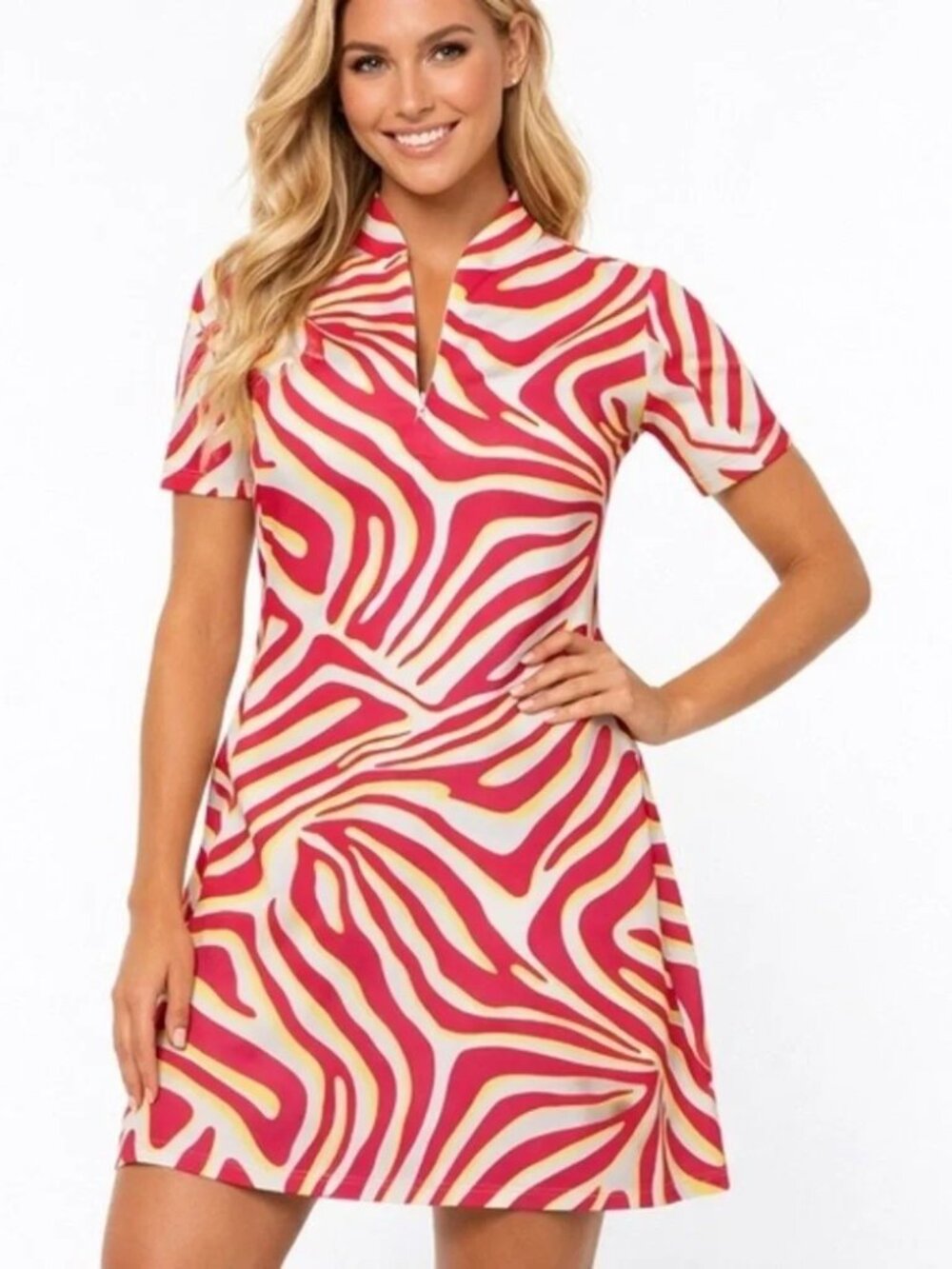 NWOT Tail Activewear Hot Pink Yellow Serengeti Short Sleeve Mock Mini Dress - L